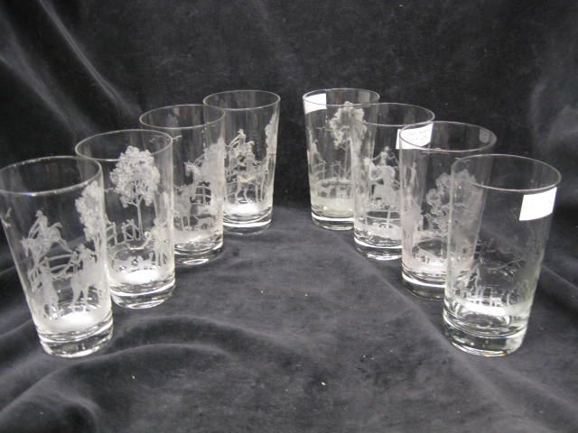 8 Heisey Glass Fox Chase Etched