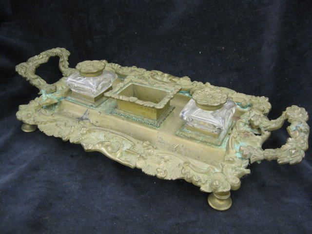 Victorian Brass Inkstand double 14cbcb