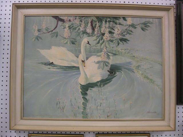 Oil on Canvas of Swans on a Lake