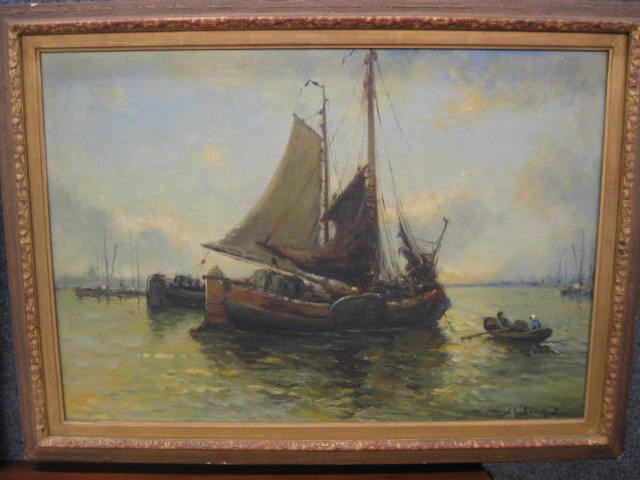 Charles Lambert Oil on Canvas harbor