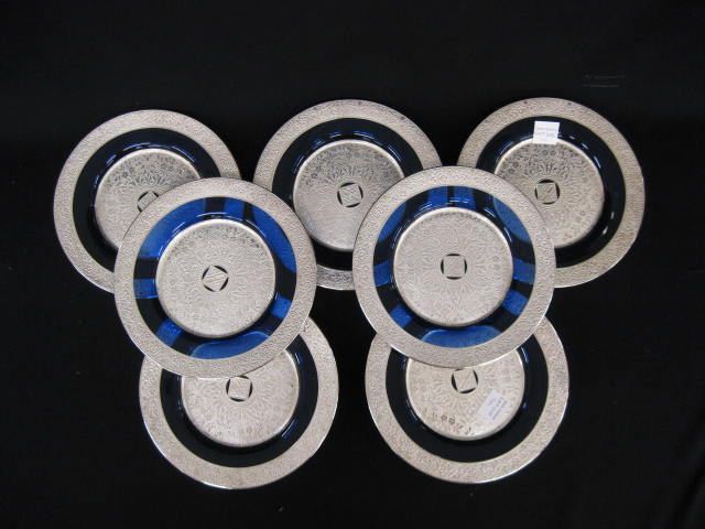 7 Silver Overlay Cobalt Glass Plates 14cd5e