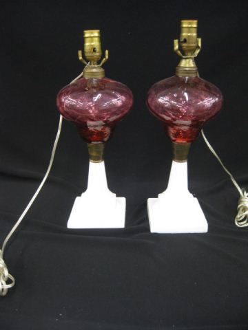 Pair of Cranberry Art Glass Lamps 14cf4c