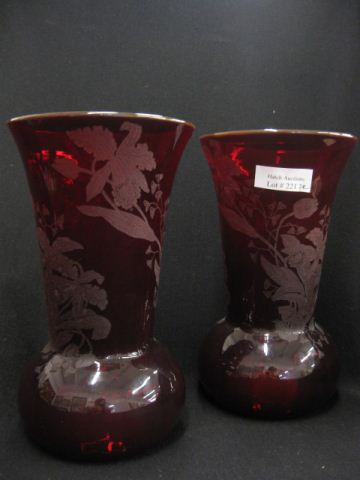 Pair of Ruby Glass Vases acid etched
