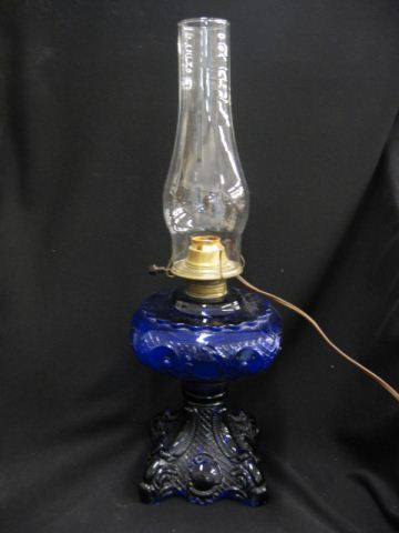 Cobalt Glass Oil Lamp fancy pedestal