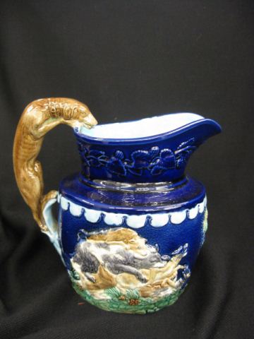 Majolica Pottery Pitcher wild game scenes