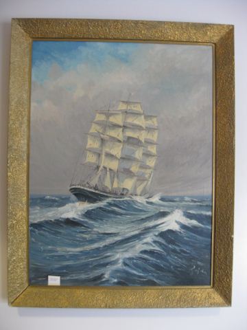 Oil on Canvas Sailing Ship at Sea artistsigned