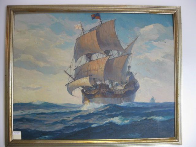 Oil of Sailing Ships at Sea on canvasboard