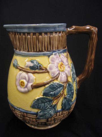 Majolica Pottery Pitcher floral andbasketweave