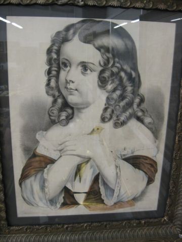 Currier & Ives Lithograph girl holding