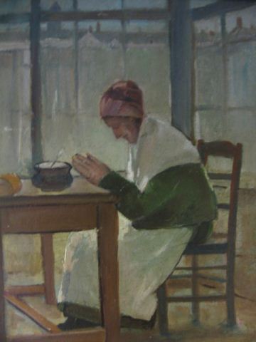 European Oil on Board older lady giving