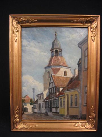 European Cityscape Oil signed illegible