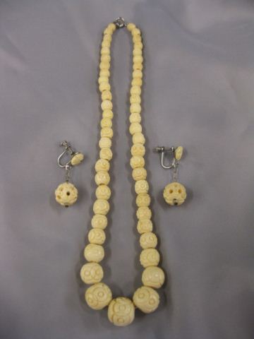Carved Ivory Bead Necklace & Earrings