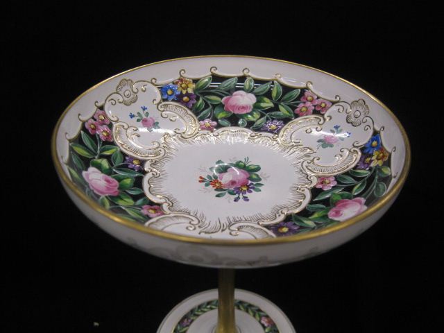 Enameled Art Glass Compote floral 14ff7f
