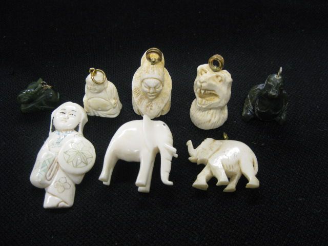 Lot of 8 Carved Ivory & Jade Pendants