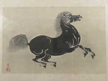 A Chinese print of a running horse red