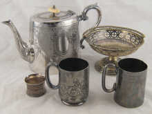 Silver plate. A teapot two childs mugs