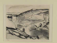 An etching of a bridge over a valley