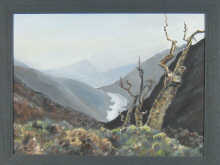 Oil on board of mountains and a