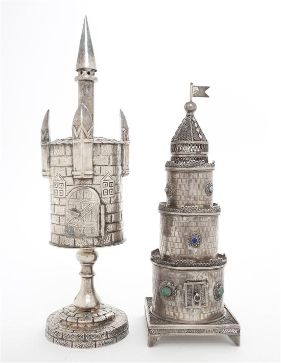 Two Judaica Silvered Metal Tower