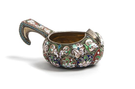 A Russian Silver and Enameled Kvosh