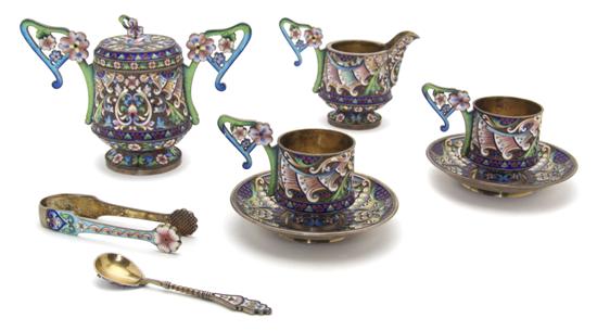 A Russian Silver and Enameled Service