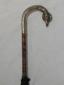 An umbrella with silver handle