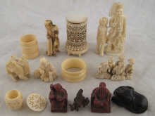 Fifteen carved ivory bone and wood items