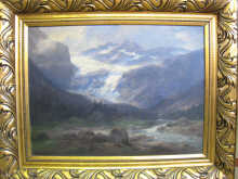 An oil on canvas mountain scene in an