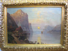 An oil on canvas of a lakeside 14f084