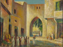 A framed oil on canvas Arab market