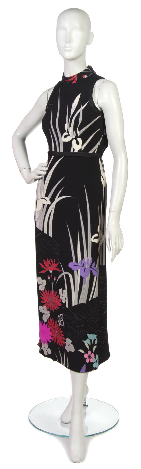 A Hanae Mori Black Floral Crepe Evening