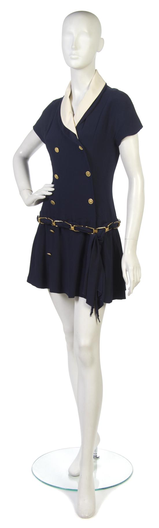 A Chanel Blue Silk Dress with gold 152094