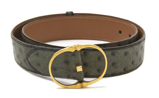 An Hermes Clou Green Ostrich Belt