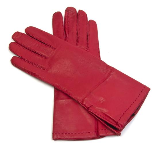 A Pair of Hermes Red Leather Gloves.