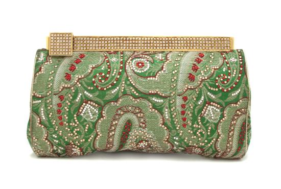 A Judith Leiber Green Silk and Red Crystal