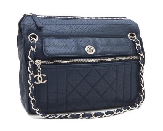 A Chanel Blue Perforated Leather