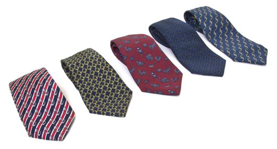 A Group of Five Hermes Silk Ties.