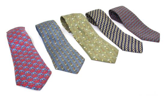 A Group of Five Hermes Silk Ties.