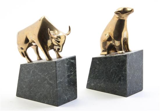 * A Pair of Brass and Marble Bookends
