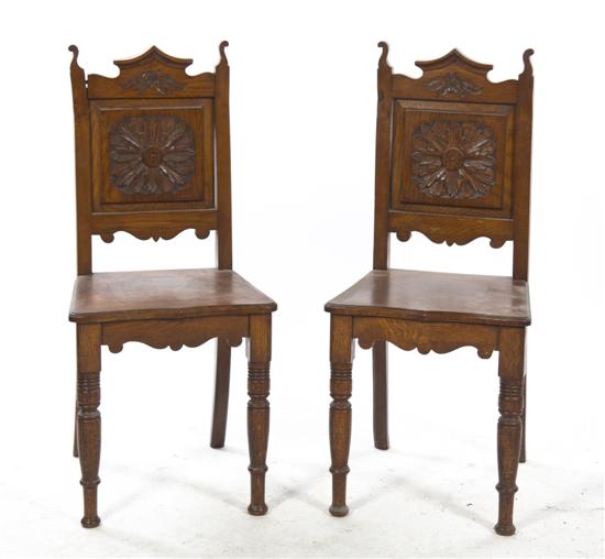  A Pair of English Oak Hall Chairs 1523fb