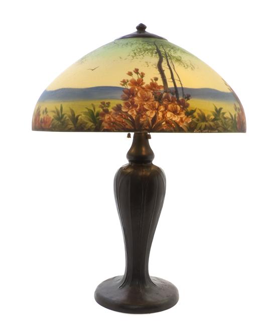 A Handel Reverse Painted Landscape Lamp