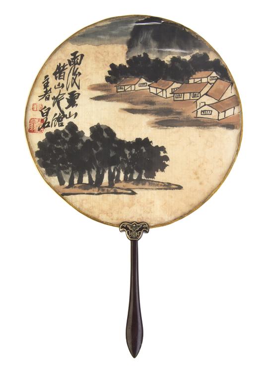 A Chinese Painted Silk Fan of circular