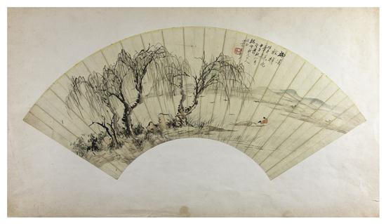 A Chinese Fan Painting on Silk mounted