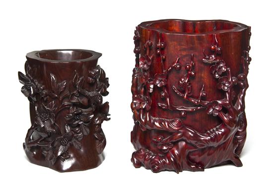 *A Group of Two Carved Hardwood Brushpots