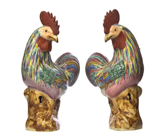 A Pair of Famille Rose Enameled Roosters