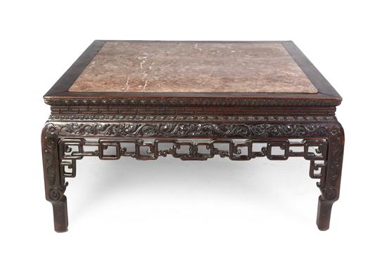 A Chinese Hardwood and Marble Inset