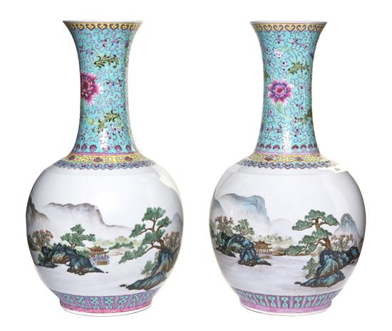 A Pair of Famille Rose Bottle Vases