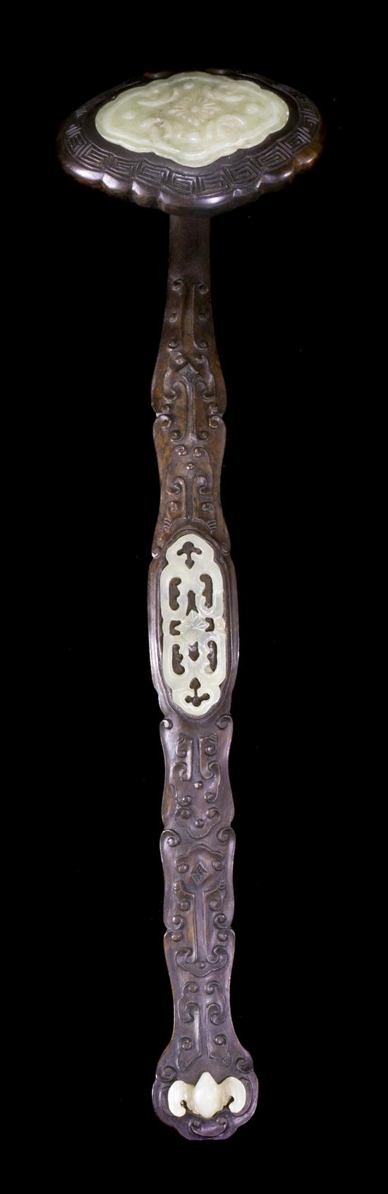 A Jade Inset Hardwood Ruyi Scepter 15317d
