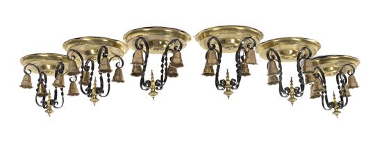 A Set of Six Brass Ceiling Mount Four-Light