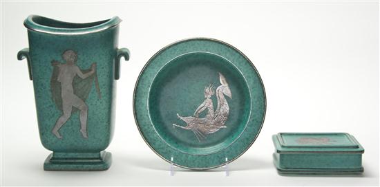 Three Swedish Silver Overlay Ceramic